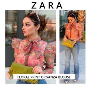 🎊🎉 Host Pick! 🎊🎉 Zara Puff Sleeve Bow Tie Neck Floral Organza Blouse NWT